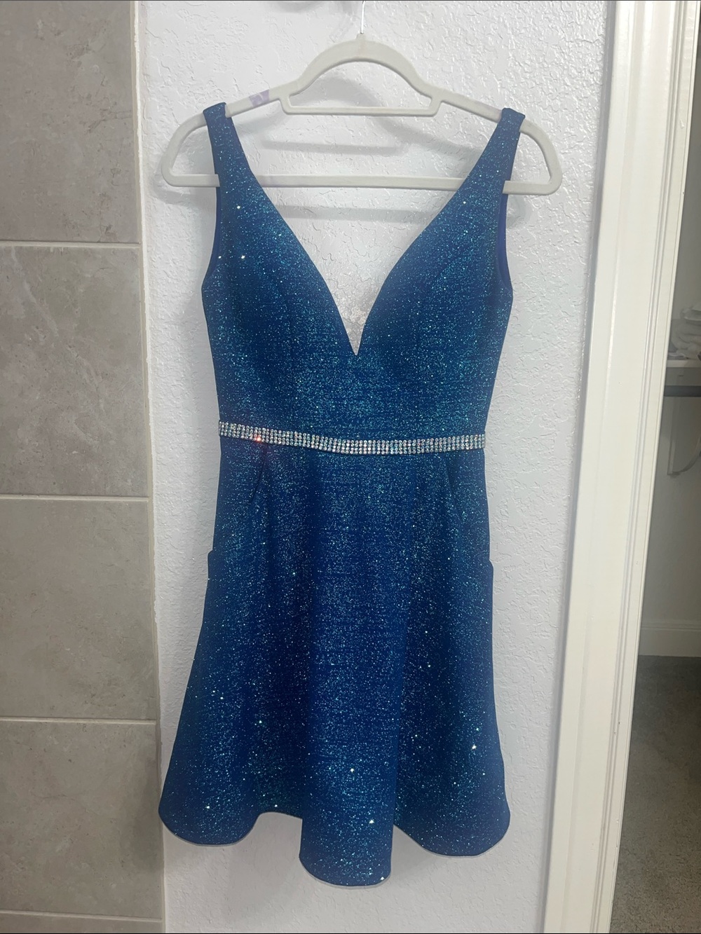 ellie wilde Sparkling Navy Blue V-Neck Mini Dress with Rhinestone Waist